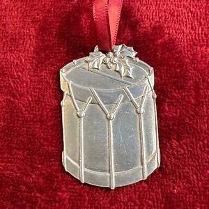 Longaberger Pewter Drum Christmas Ornament Holly Detail Made in USA Silver Tone